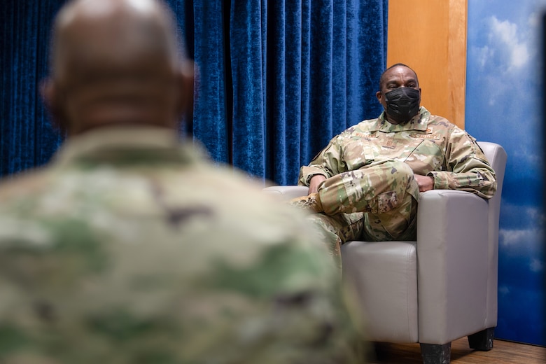 U.S. Air Force Chief Master Sgt. Maurice L. Williams, command chief, Air National Guard (ANG), addresses production recruiters assigned to the 158th Fighter Wing.