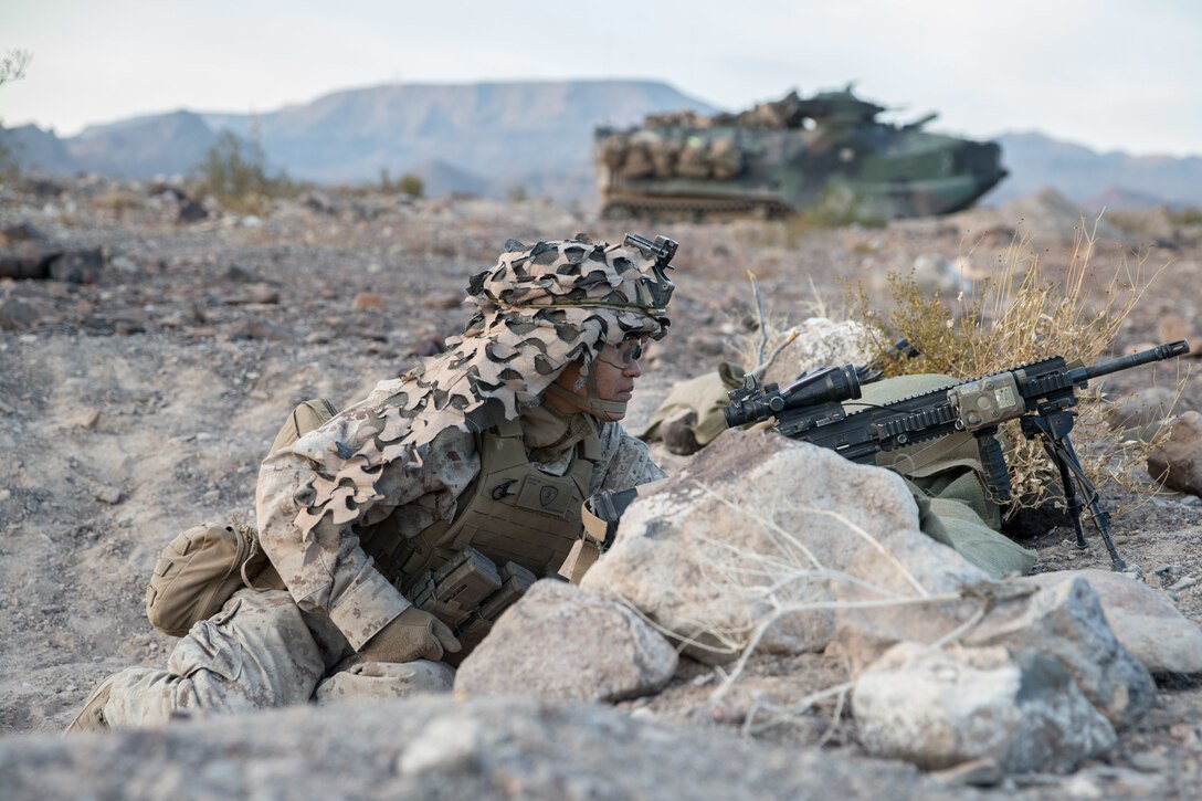 A U.S. Marine with 2nd battalion, 3rd Marine Regiment, 3rd Marine Division, provides security during Battalion Distributed Operations Course on Marine Corps Air-Ground Combat Center, Twentynine Palms, Calif., Feb. 9, 2021. The training is part of Integrated Training Exercise (ITX) 2-21, a combined arms training exercise intended to produce combat ready forces capable of operating as an integrated Marine Air-Ground Task Force. (U.S. Marine Corps photo by Lance Cpl. Brian Bolin Jr.)