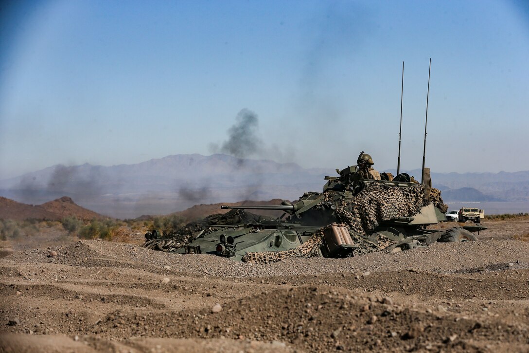 U.S. Marines with 2d Light Armored Reconnaissance Battalion, 2d Marine Division, participate in the Battalion Distributed Operations Course on Marine Corps Air-Ground Combat Center, Twentynine Palms, Calif., Feb. 9, 2021. The training is part of Integrated Training Exercise (ITX) 2-21, a combined arms training exercise intended to produce combat ready forces capable of operating as an integrated Marine Air-Ground Task Force.  (U.S. Marine Corps photo by Lance Cpl. Brian Bolin Jr.)
