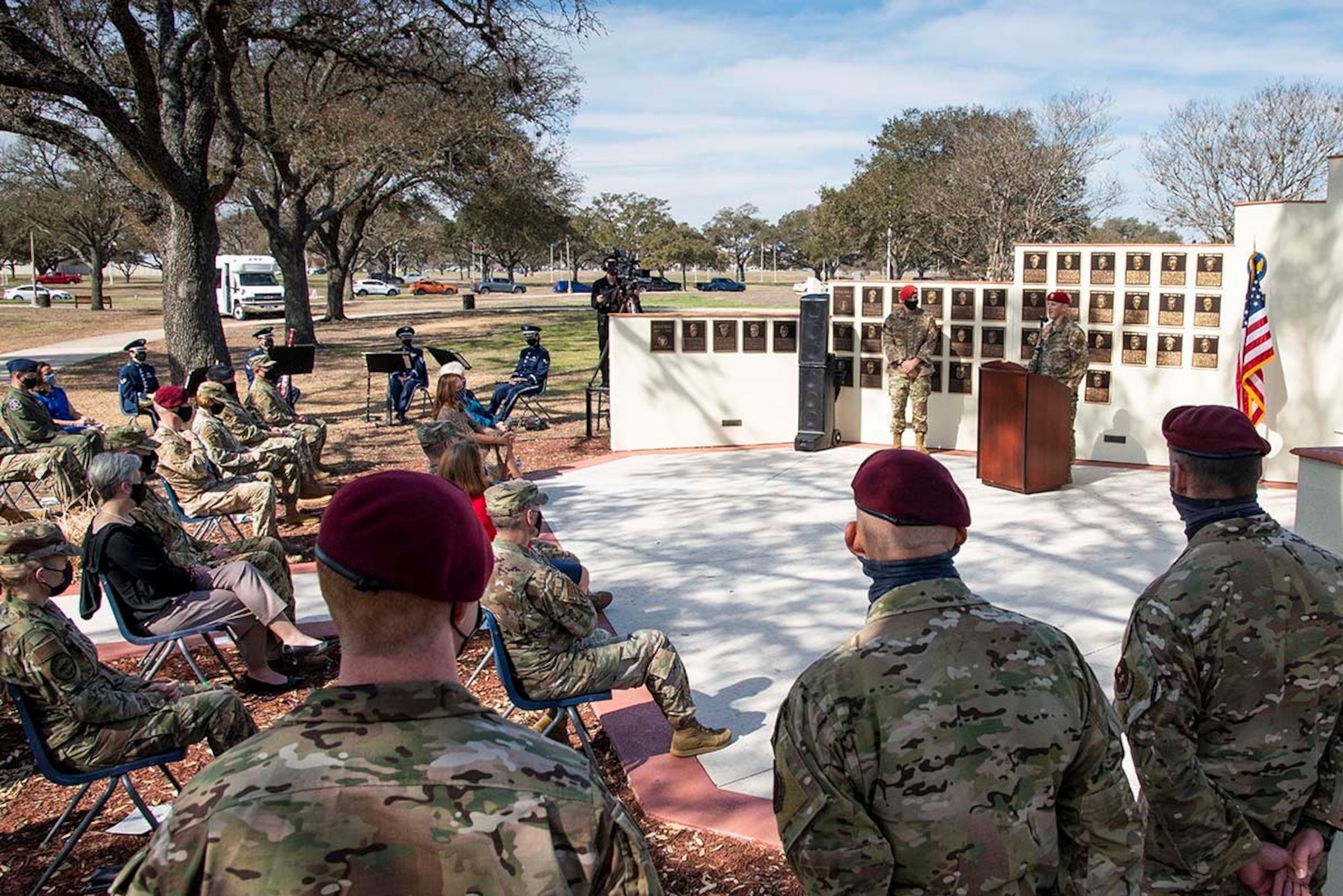 U.S. Air Force Col. Mason Dula, Special Warfare Training Wing commander, speaks during the Master Sgt. John Chapman Medal of Honor plaque unveiling ceremony at Airmen’s Heritage Park at Joint Base San Antonio-Randolph March 4, 2021.