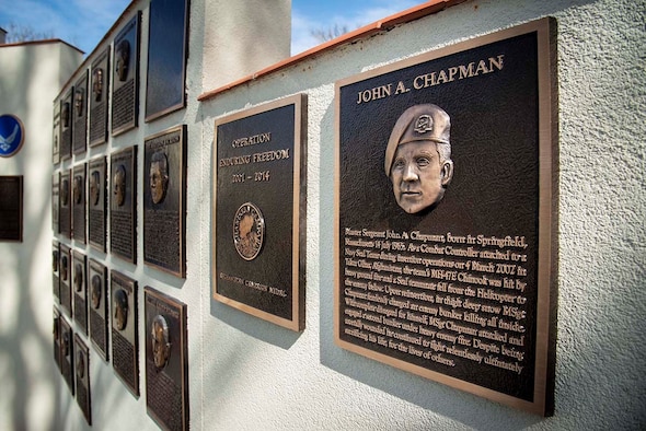 The Medal of Honor plaque for Master Sgt. John Chapman was unveiled during a ceremony at Airmen’s Heritage Park at Joint Base San Antonio-Randolph March 4, 2021.