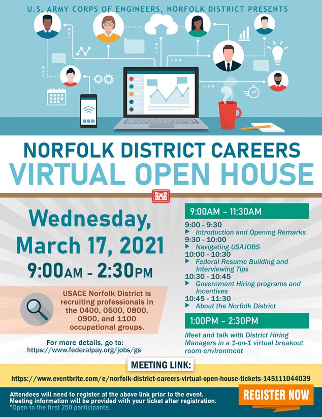 Norfolk District “Careers Virtual Open House” graphic created by Sheree Perry, Norfolk District visual information specialist.