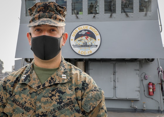 210305-N-MM501-1011 YOKOSUKA, Japan (March 5, 2021) - Staff Exchange Officer, Capt. Angel Maldonado, assigned to III Marine Expeditionary Force (MEF) in Okinawa, Japan, is taking part of a ten-week integration with U.S. 7th Fleet and III MEF. The focus of the integration is to ensure the U.S. Navy and Marine Corps aligns with the National Defense Strategy. U.S. 7th Fleet routinely operates and interacts with 35 maritime nations while conducting missions to preserve and protect a free and open Indo-Pacific Region. (U.S. Navy photo by Mass Communication Specialist 2nd Class Shannon Burns)