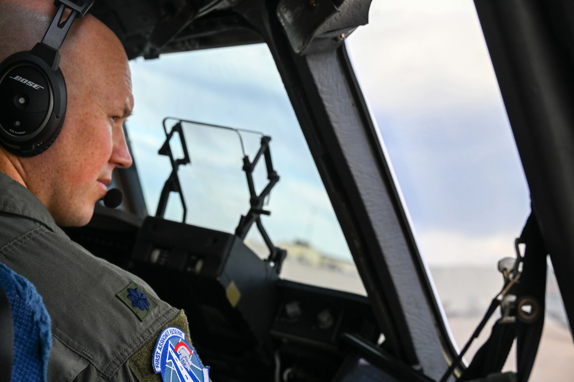 Lt. Col. Erick Brough, 730th Air Mobility Training Squadron commander, practices low level flying in a C-17 Globemaster March 4, 2021, Altus Air Force Base, Oklahoma. (U.S. Air Force photo by Senior Airman Mary Begy)