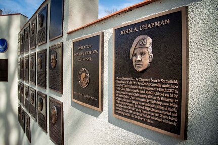 The Medal of Honor plaque for Master Sgt. John Chapman was unveiled during a ceremony at Airmen’s Heritage Park at Joint Base San Antonio-Randolph March 4, 2021.