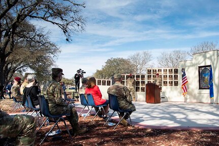 U.S. Air Force Col. Mason Dula, Special Warfare Training Wing commander, speaks during the Master Sgt. John Chapman Medal of Honor plaque unveiling ceremony at Airmen’s Heritage Park at Joint Base San Antonio-Randolph March 4, 2021.