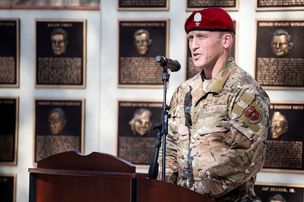 U.S. Air Force Col. Mason Dula, Special Warfare Training Wing commander, speaks during the Master Sgt. John Chapman Medal of Honor plaque unveiling ceremony at Airmen’s Heritage Park at Joint Base San Antonio-Randolph March 4, 2021.