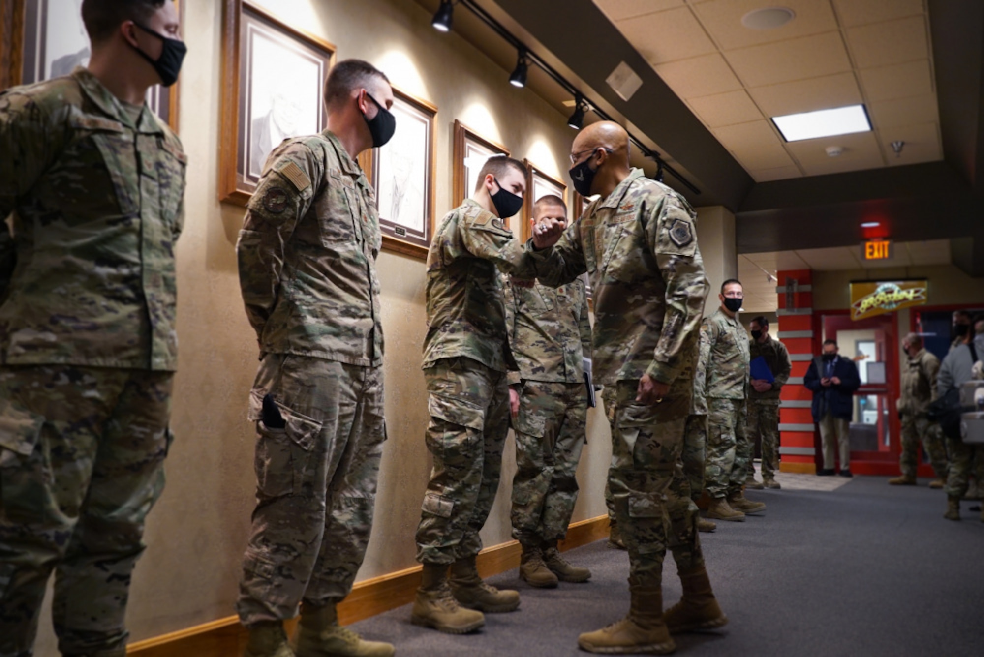 Air Force Chief of Staff Gen. Charles Q. Brown, Jr. meets with outstanding Airmen of the 319th Reconnaissance Wing at Grand Forks Air Force Base, N.D., Feb. 17, 2021. The Airmen were nominated by their leadership, leading by example and for exceptional work in their duties across the base. (U.S. Air Force photo by Staff Sgt. Elora J. McCutcheon)