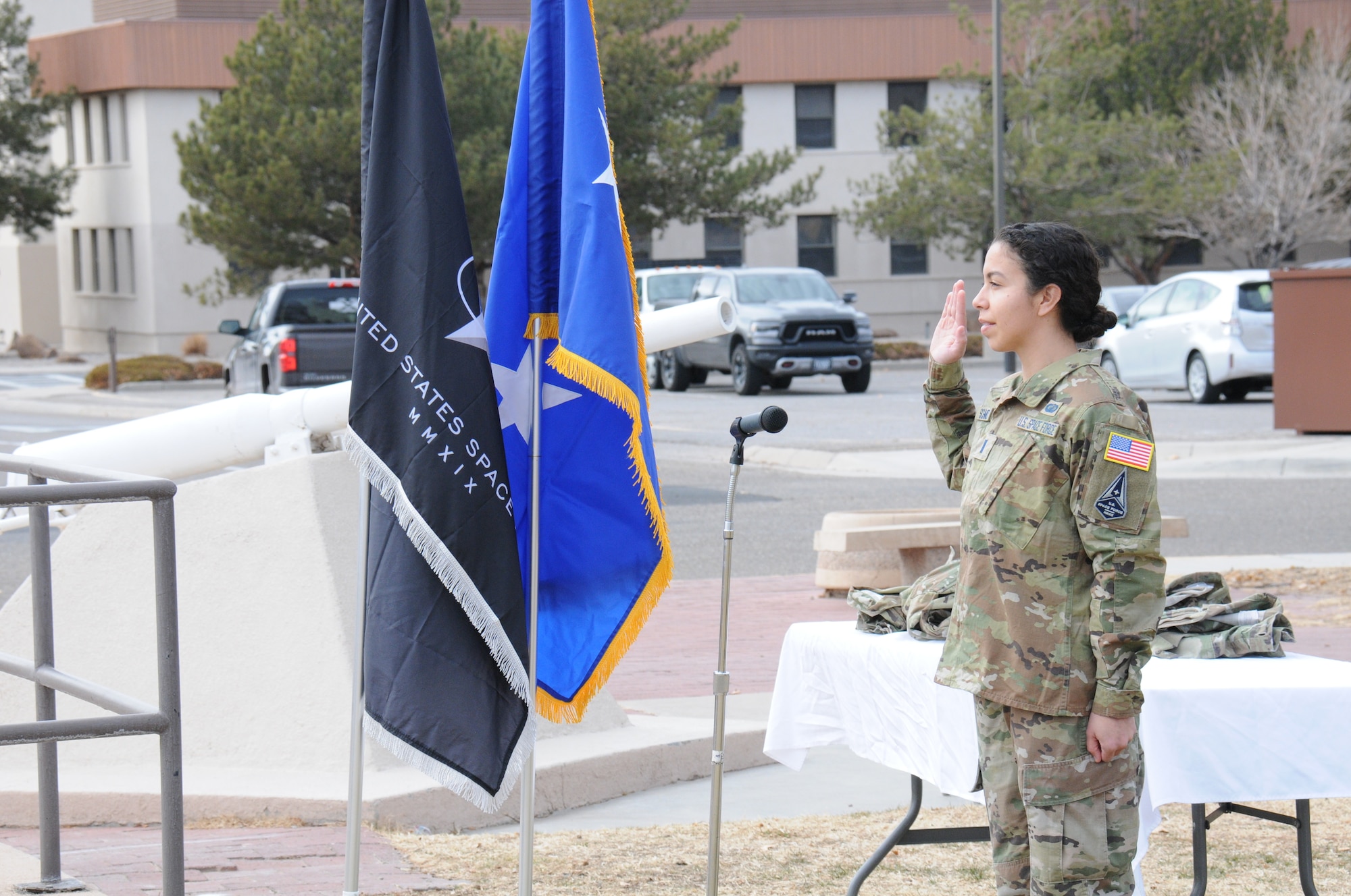 Air Force Research Laboratory engineer 1st Lt. Kyra Schmidt takes an oath of office in a ceremony held at Kirtland AFB, N.M. on Feb. 1 in which 13 AFRL officers transferred from the U.S. Air Force to the U.S. Space Force. (U.S. Air Force photo/John Michael Cochran)