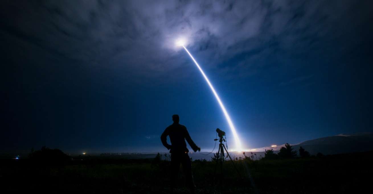 Photo of an unarmed Minuteman III intercontinental ballistic missile.