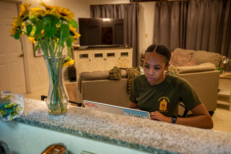 U.S. Marine Corps Sgt. Jerre’al Hayles, a Pacific trial team paralegal with the Legal Service Support Section, studies at home on Camp Foster, Okinawa, Japan, March 10, 2021. Hayles won the 2020 Trial Service Office Marine of the Year award for going above and beyond the expectations and duties within the unit. Hayles is a native of Smithfield, Virginia. (U.S. Marine Corps photo by Cpl. Karis Mattingly)