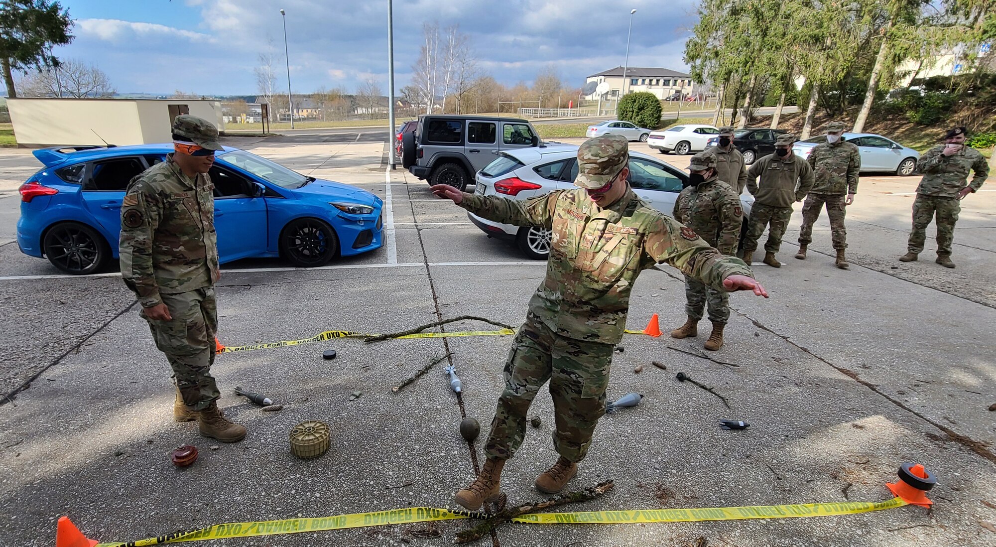 U.S. Air Force Airmen from the 52nd Fighter Wing participate in a minefield teambuilding exercise during an NCO professional development seminar March 5, 2021, at Spangdahlem Air Base, Germany.