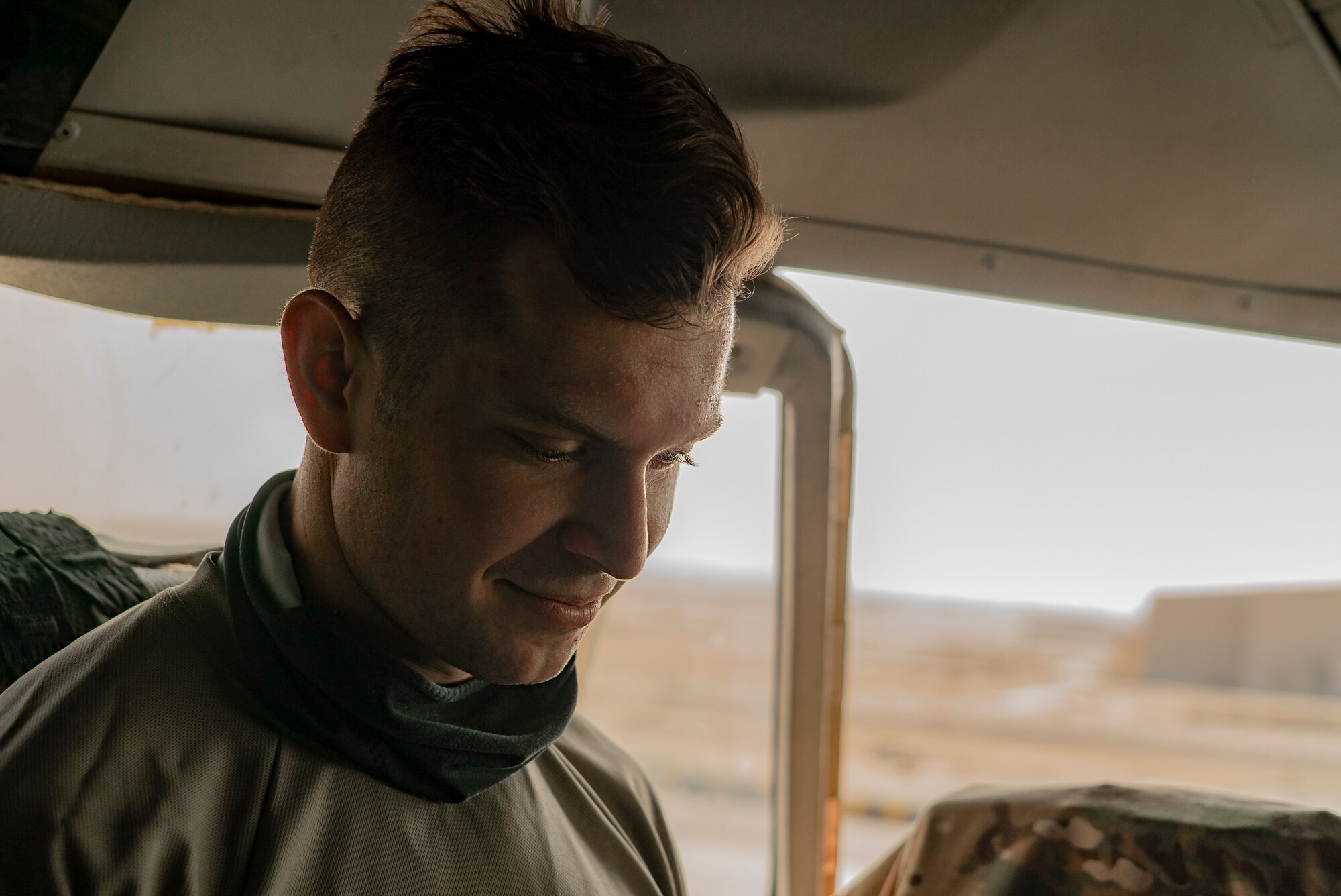 A U.S. Air Force KC-10 Extender crew member performs routine pre-flight duties during a bomber task force mission over the U.S. Central Command area of responsibility, March 7th, 2021.