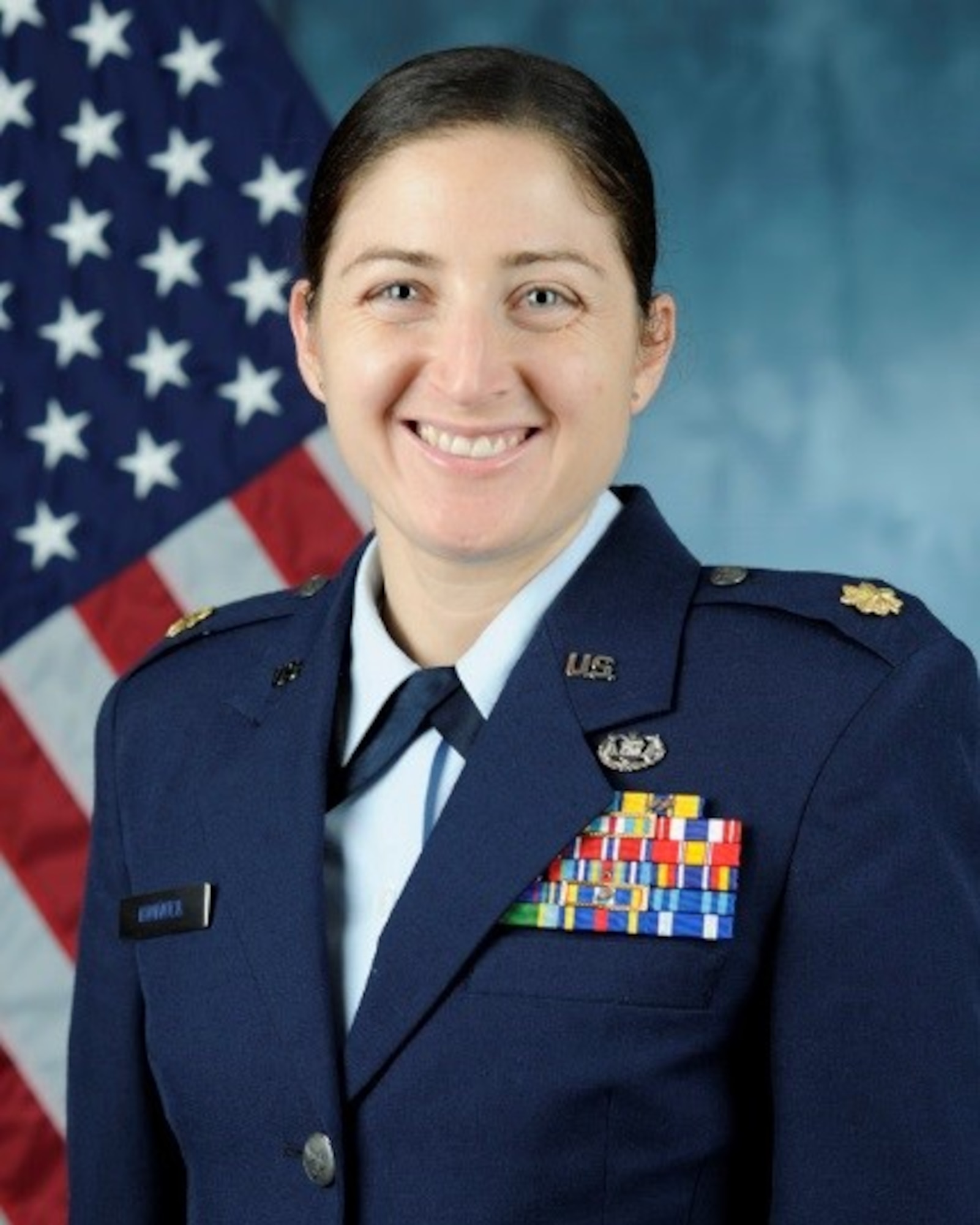 U.S. Air Force Maj. Andrea Hunwick, 426th ABS deputy squadron commander and staff judge advocate, poses for an official bio photo at Stavanger Air Base, Norway. (Courtesy photo)