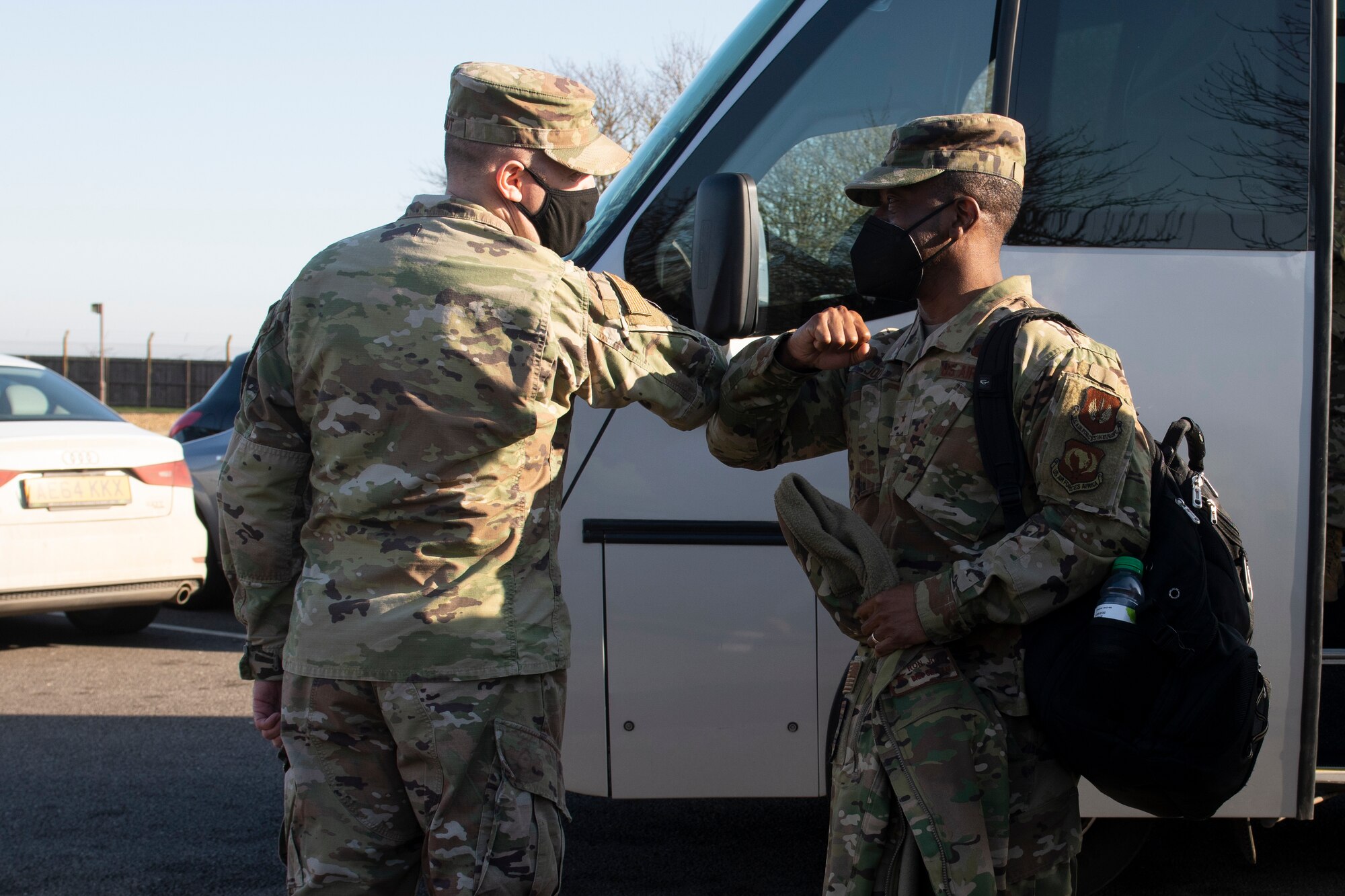 U.S. Air Force Col. Jason Schmidt, left, 501st Combat Support Wing vice commander, welcomes Brig. Gen. Ronald E. Jolly Sr., right, U.S. Air Forces in Europe and Air Forces Africa logistics, engineering and force protection director, to the 501st CSW at Royal Air Force Alconbury, England, March 10, 2021. The 501st CSW hosted an immersion tour for Jolly and his leadership team, demonstrating the mission set and capabilities of several organizations including the security forces, logistics readiness and civil engineer squadrons. (U.S. Air Force photo by Senior Airman Jennifer Zima)