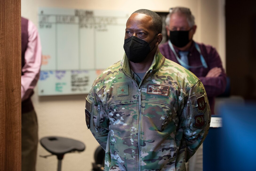 U.S. Air Force Brig. Gen. Ronald E. Jolly Sr., U.S. Air Forces in Europe and Air Forces Africa logistics, engineering and force protection director, visits the 501st Combat Support Wing Logistics team at Royal Air Force Alconbury, England, March 10, 2021. The 501st CSW hosted an immersion tour for Jolly and his leadership team, demonstrating the mission set and capabilities of several organizations including the security forces, logistics readiness and civil engineer squadrons. (U.S. Air Force photo by Senior Airman Jennifer Zima)