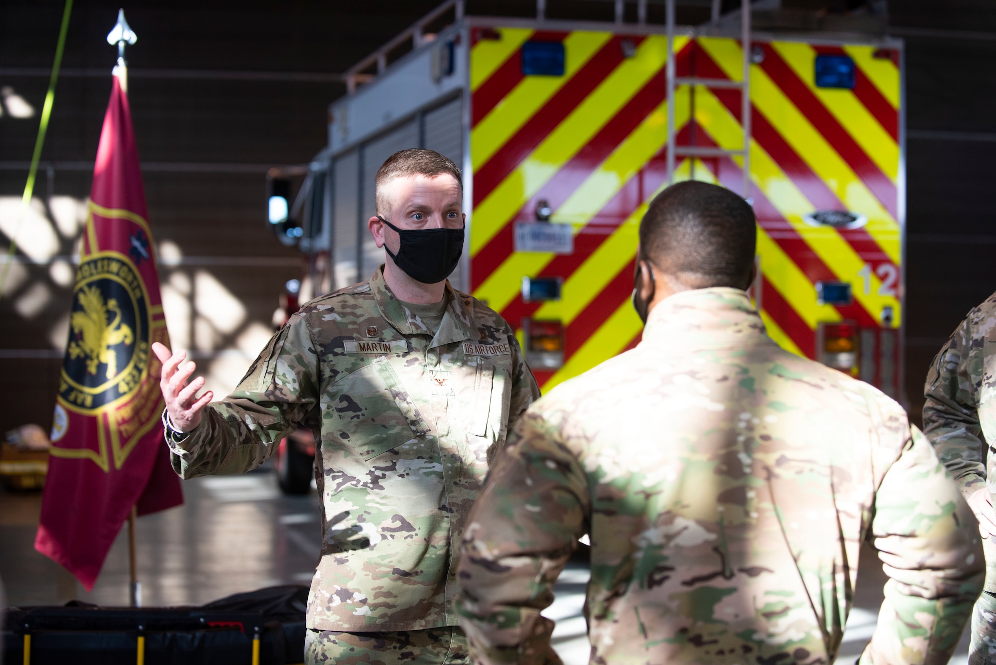 U.S. Air Force Col. Jason Schmidt, left, 501st Combat Support Wing vice commander, welcomes Brig. Gen. Ronald E. Jolly Sr., right, U.S. Air Forces in Europe and Air Forces Africa logistics, engineering and force protection director, to the 501st CSW at Royal Air Force Alconbury, England, March 10, 2021. The 501st CSW hosted an immersion tour for Jolly and his leadership team, demonstrating the mission set and capabilities of several organizations including the security forces, logistics readiness and civil engineer squadrons. (U.S. Air Force photo by Senior Airman Jennifer Zima)