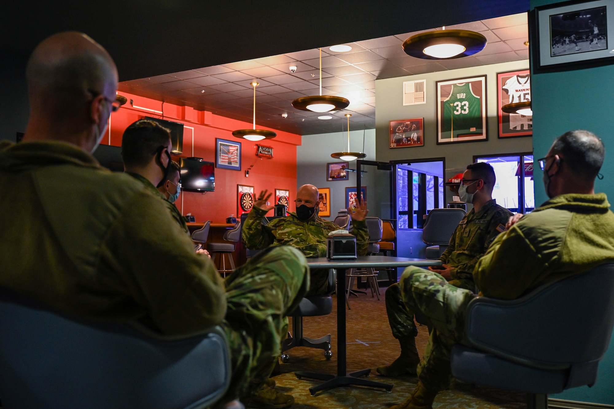 U.S. Space Force Gen. John “Jay” Raymond, Chief of Space Operations, and Chief Master Sgt. of the Space Force Roger Towberman, meet with Guardians assigned to the 354th Fighter Wing, on Eielson Air Force Base, Alaska, March 10, 2021.