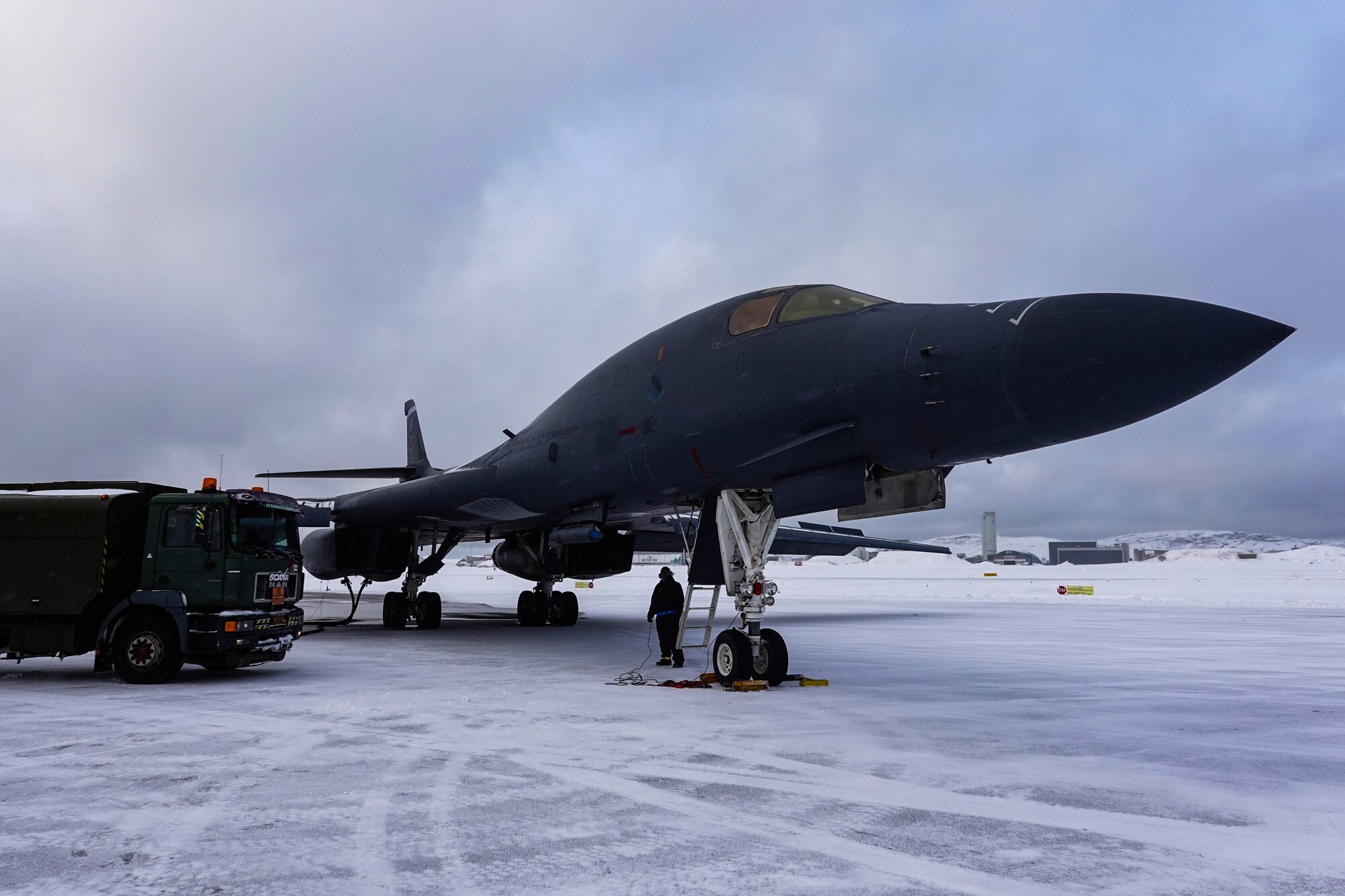 A B-1B Lancer assigned to the 9th Expeditionary Bomb Squadron is refueled at Bodø Air Force Station, Norway, March 8, 2021. The B-1 conducted a Bomber Task Force training mission, Agile Condor, marking the first time that a B-1 has landed within the Arctic Circle. (U.S. Air Force courtesy photo)
