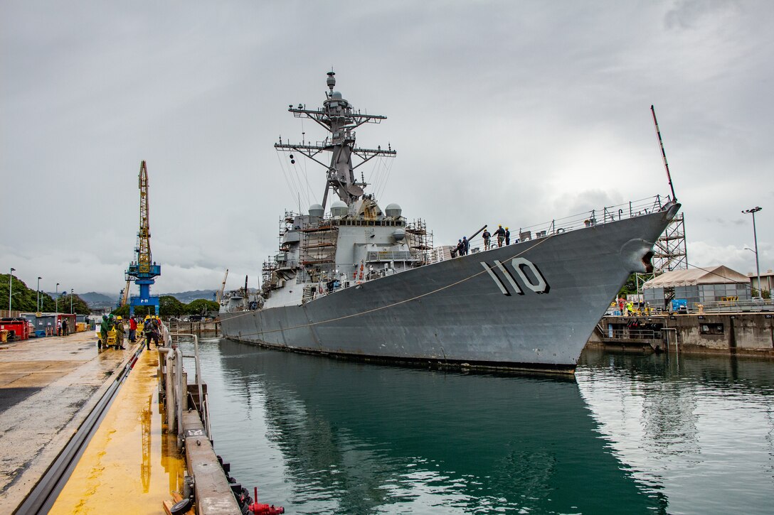 USS William P Lawrence (DDG 110) docks in Dry Dock #4 at Pearl Harbor Naval Shipyard & IMF on March 9.