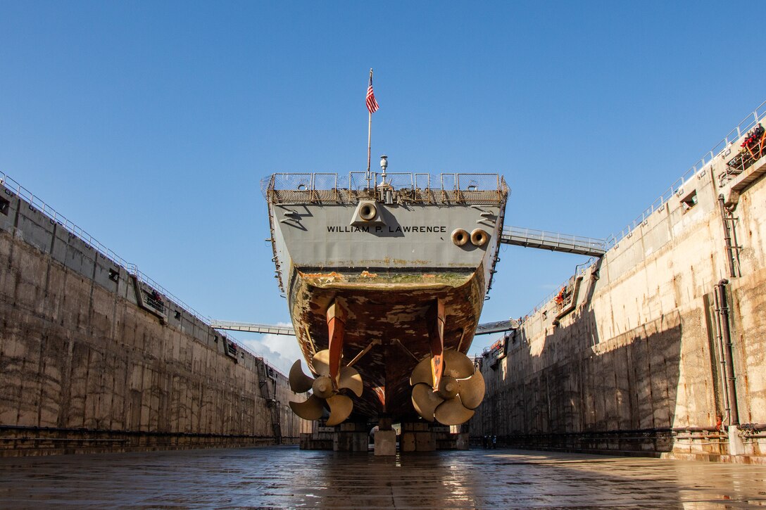USS William P Lawrence (DDG 110) docks in Dry Dock #4 at Pearl Harbor Naval Shipyard & IMF on March 9.