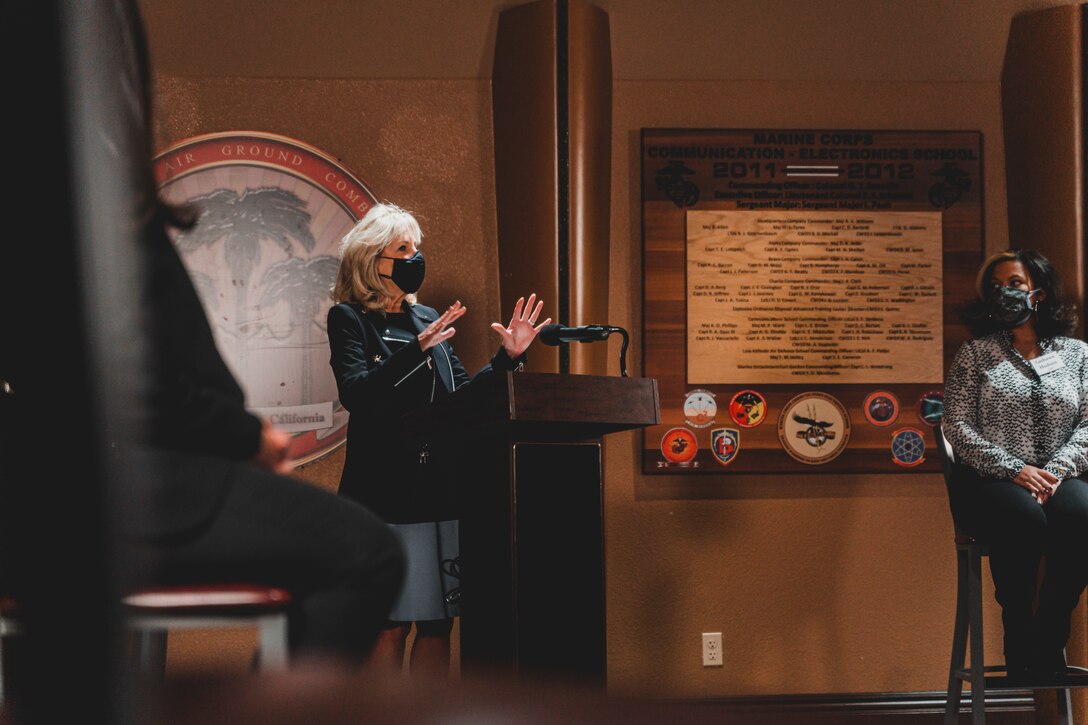 Dr. Jill Biden, First Lady of the United States, addresses military spouses during her visit to the Marine Corps Air Ground Combat Center, Twentynine Palms, California, March 10, 2021. Biden visited the Combat Center to speak with military spouses about the unique challenges and support needed by U.S. service members and families; and to re-engage the Joining Forces Program, an initiative that began in 2011 with Biden and former First Lady of the United States Michelle Obama.