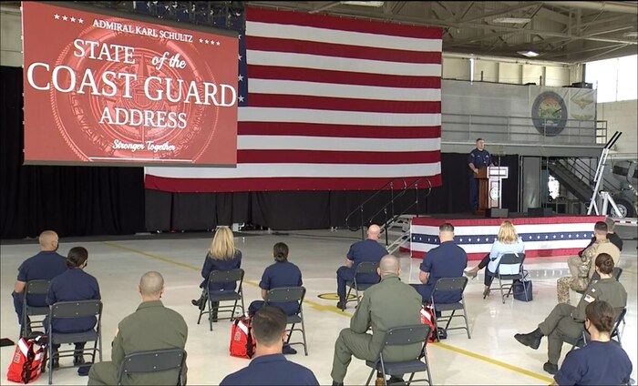 The Commandant of the Coast Guard delivers the State of the Coast Guard, March 11, 2021, in San Diego.