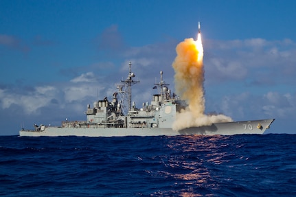 A Standard Missile-3 (SM-3) Block 1B interceptor missile is launched from the guided-missile cruiser USS Lake Erie.