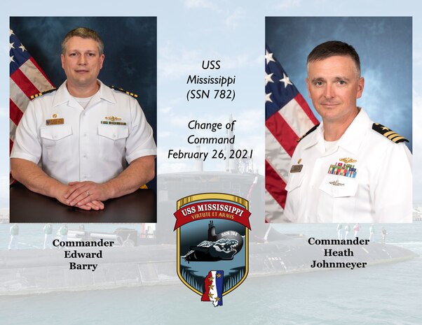 The Virginia-class fast-attack submarine USS Mississippi (SSN 782) conducted a change of command ceremony at Joint Base Pearl Harbor-Hickam, Feb. 26.
