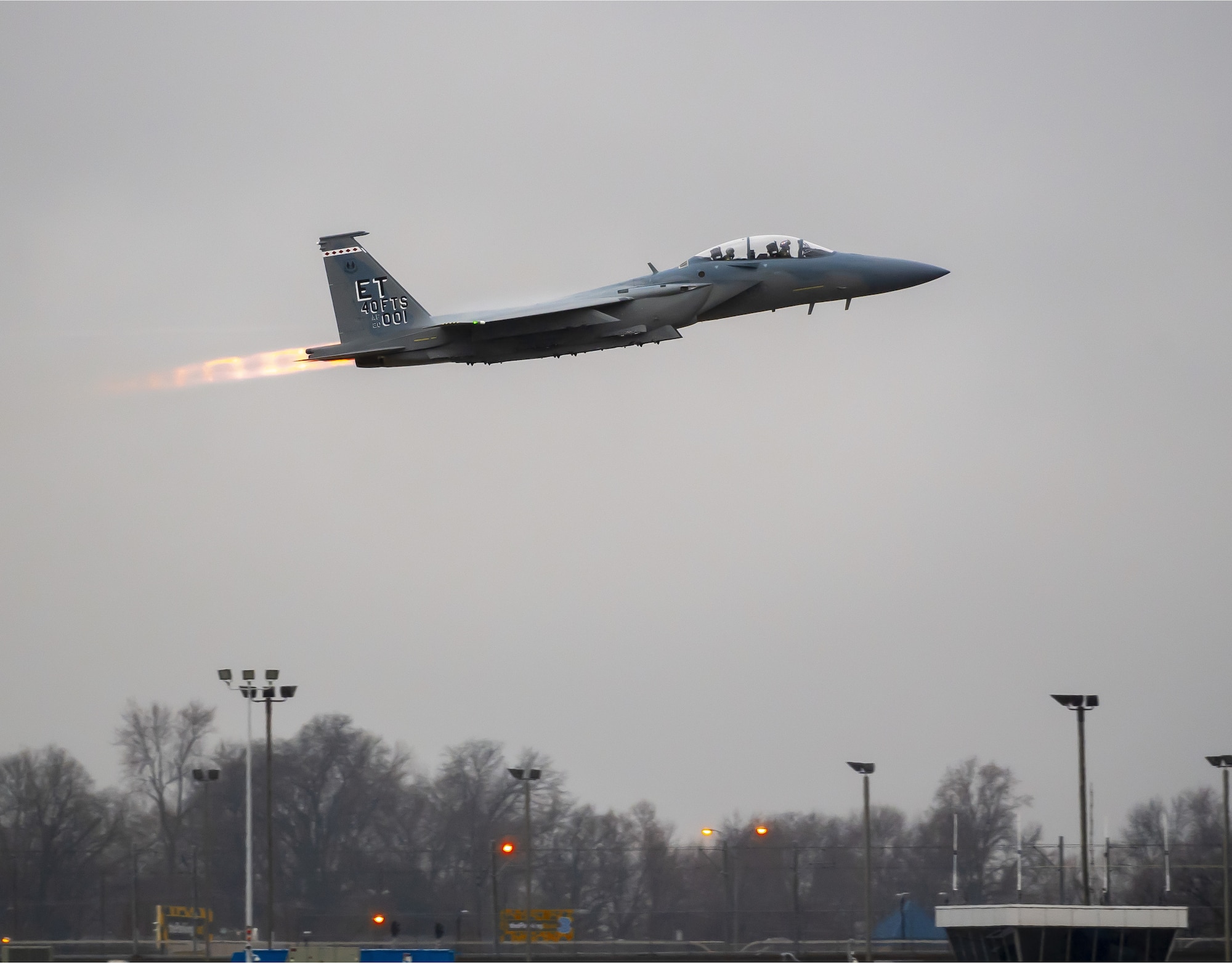 The first F-15EX departs a Boeing facility in St. Louis, Mo, in route to Eglin Air Force Base, Fla. (Photo by Boeing Co.)
