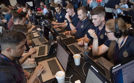 A team of Naval Midshipmen and Air Force Airmen from the Naval Academy and Air Force Academy participate in track one during HACKtheMACHINE competition at the Brooklyn Navy Yard in New York City, Sept. 7, 2019.