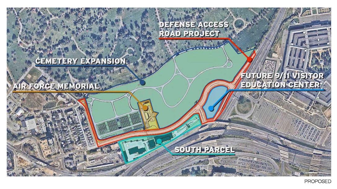 Site Plan produced by HNTB, 2020. Map depicting proposed future condition after completion of Defense Access Road project, Arlington National Cemetery Southern Expansion, and the 9/11 Visitor education center (to be completed by others).