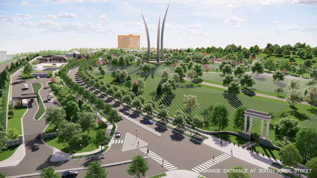 Rendering produced by RHI, 2020. Future condition of Arlington National Cemetery and Columbia Pike; view looking West from future intersection of Columbia Pike and South Joyce St