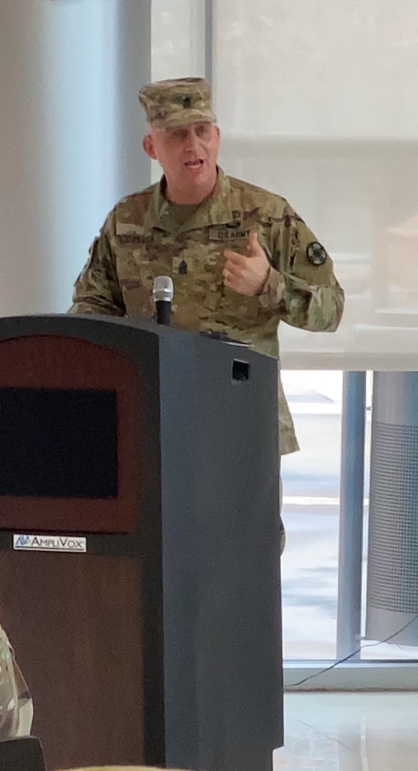 Command Sgt. Maj, Todd Garner, 13th Expeditionary Sustainment Command, challenges Soldiers to prepare for the future during the 134th Army Medical Department Enlisted Corps' anniversary at Carl R. Darnall Army Medical Center (U.S. Army photo by Mikaela Cade, CRDAMC Public Affairs)