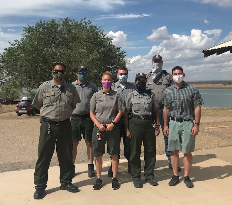 While helping out at Conchas Lake prior to his departure from the district, Lt. Col. Larry Caswell (far right) stopped by to say his farewells to district staff at the lake, July 4, 2020. Photo by Karyn Matthews.