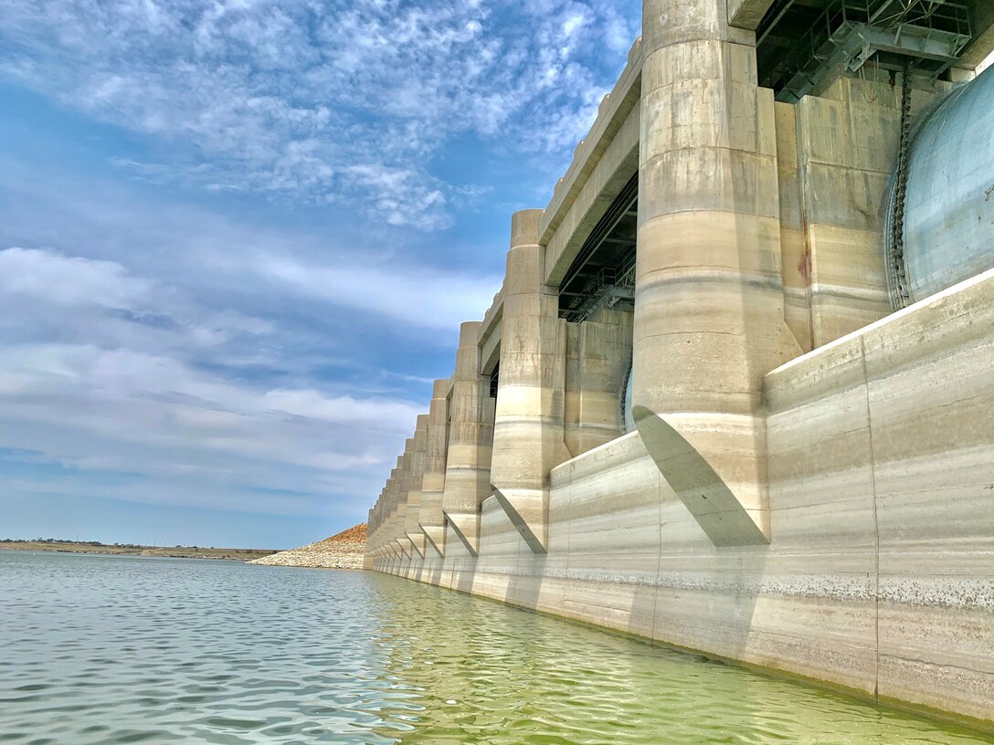 JOHN MARTIN RESERVOIR, Colo. – This photo of the upstream face of John Martin Dam was taken during an annual inspection, July 14, 2020.