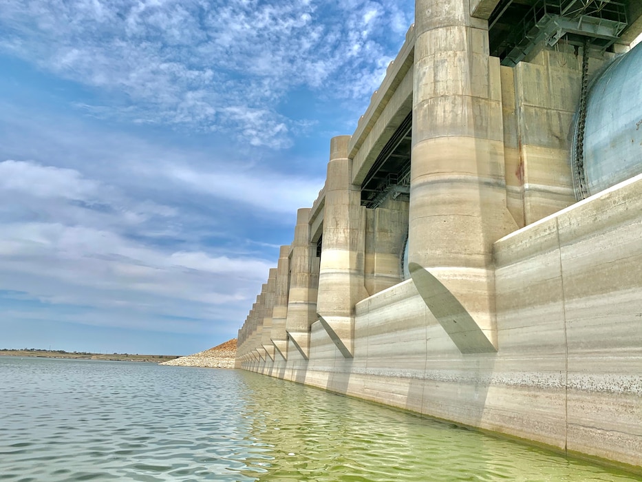 This photo of the upstream face of John Martin Dam was taken during an annual inspection, July 14, 2020. Photo by Joshua Ellison.