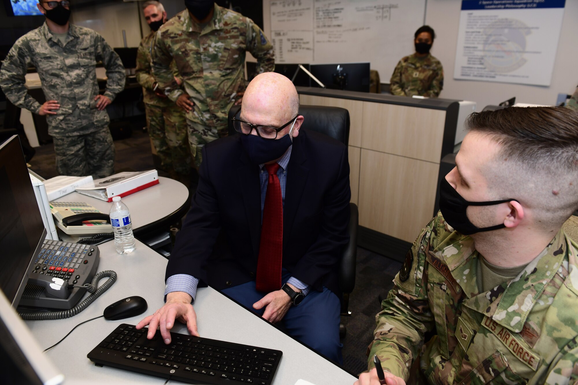 SCHRIEVER AIR FORCE BASE, Colo. – Acting Secretary of the Air Force John P. Roth confirms a command during a 2nd Space Operations Squadron demonstration while on his March 9, 2021 visit to Schriever Air Force Base, Colorado. 2nd SOPS performs the command and control mission for the USSF’s GPS satellite constellation. (U.S. Space Force photo by Dennis Rogers)