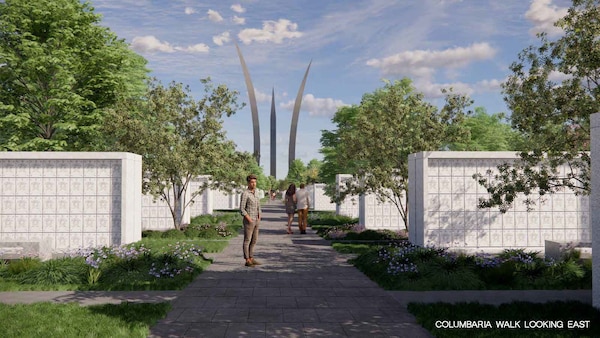 Rendering produced by RHI, 2020. Future view from within the columbaria courts looking east at the existing Air Force Memorial.