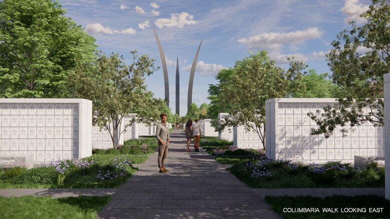 Rendering produced by RHI, 2020. Future view from within the columbaria courts looking east at the existing Air Force Memorial.