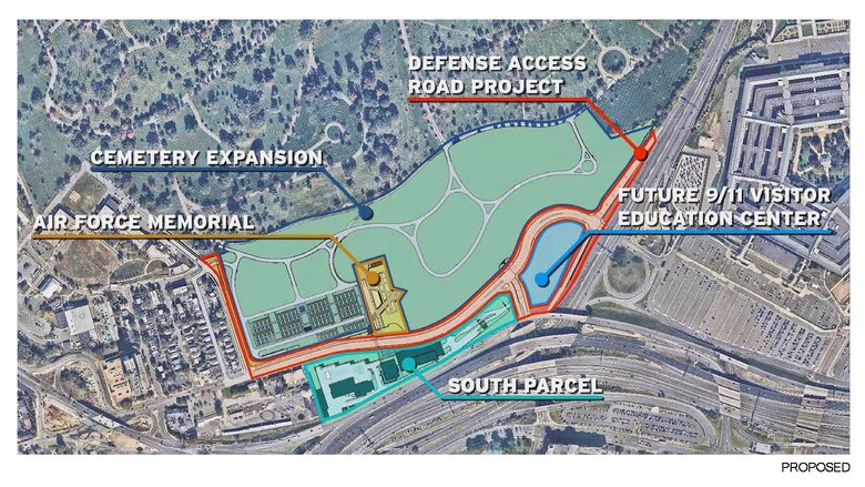 Site Plan produced by HNTB, 2020. Map depicting proposed future condition after completion of Defense Access Road project, Arlington National Cemetery Southern Expansion, and the 9/11 Visitor education center (to be completed by others).