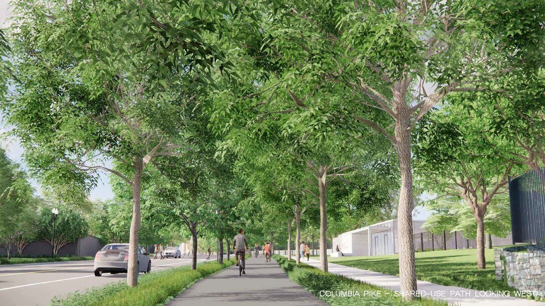 Rendering produced by RHI, 2020. Future condition of Columbia Pike multi-modal corridor along the southern boundary of Arlington National Cemetery Southern Expansion.