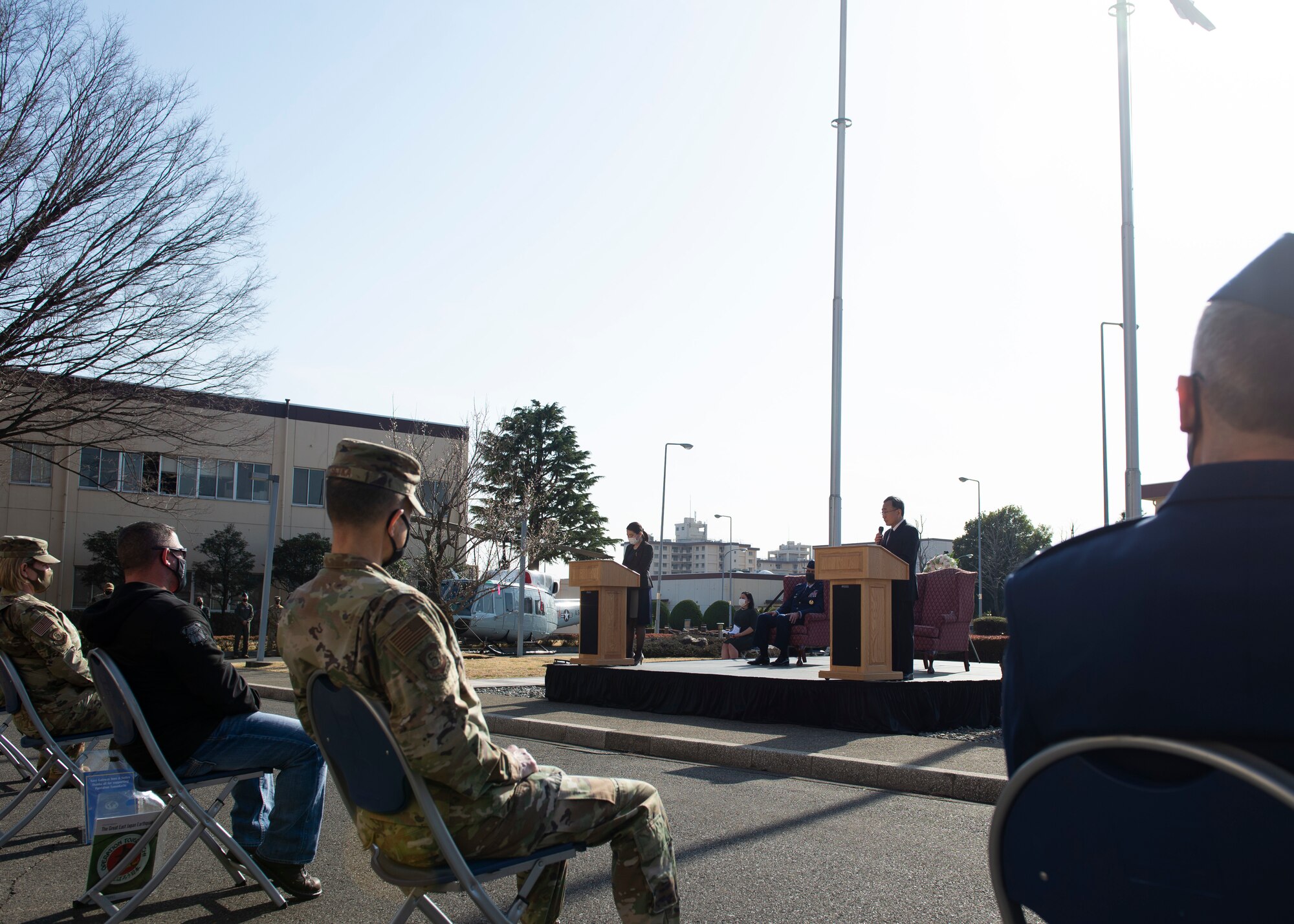 Takahisa Matsuda, North Kanto Defense Bureau director general, speaks at a ceremony for the 10th Anniversary of the Great East Japan Earthquake and the Operation Tomodachi support efforts at Yokota Air Base, Japan, March 11, 2021. Matsuda thanked the 374th Airlift Wing for the support provided during the natural disaster. (U.S. Air Force photo by Staff Sgt. Joshua Edwards)