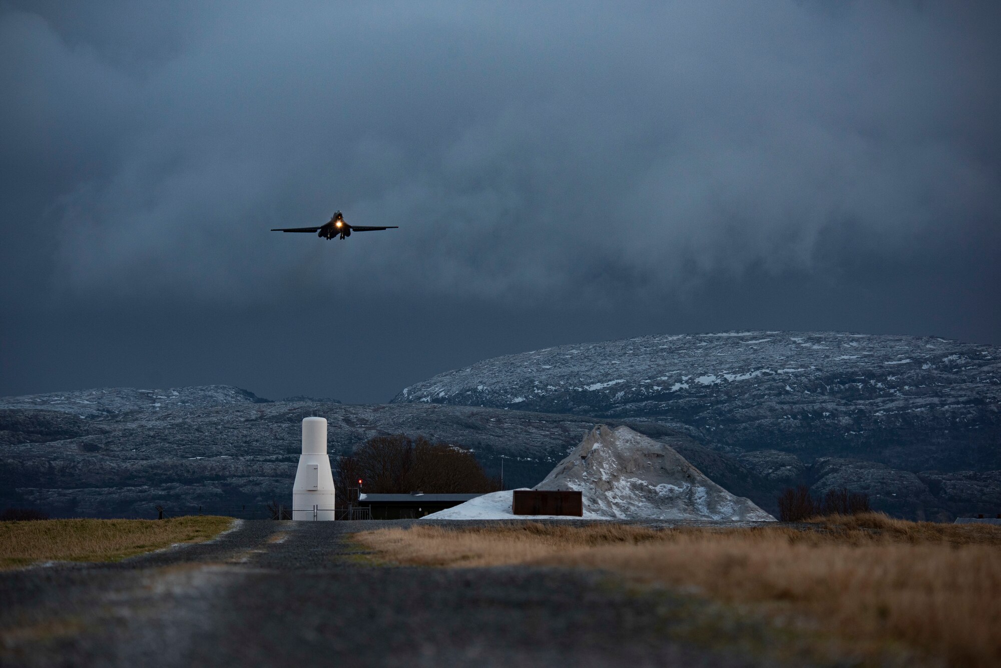 A B-1B Lancer assigned to the 9th Expeditionary Bomb Squadron prepares to land at Ørland Air Force Station, Norway, March 3, 2021. Working with ally nations within the NATO alliance demonstrates solidarity and proves U.S. commitment to improving interoperability. (U.S. Air Force photo by Airman 1st Class Colin Hollowell)