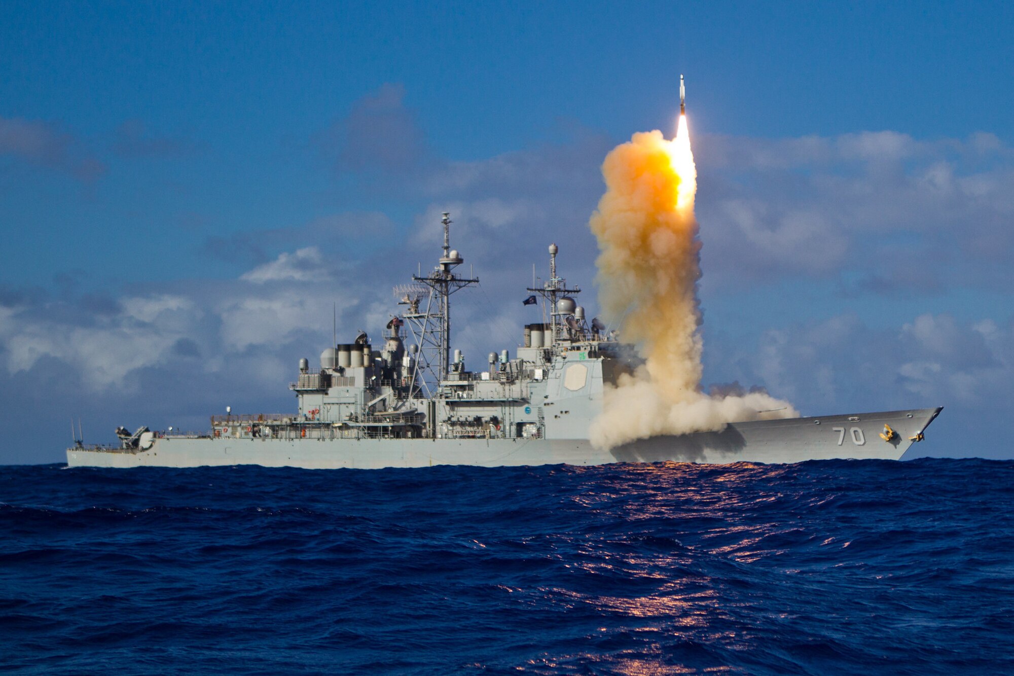 A Standard Missile-3 (SM-3) Block 1B interceptor missile is launched from the guided-missile cruiser USS Lake Erie.