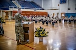 Brig. Gen. William "Bill" Crane, Adjutant General of the West Virginia National Guard, addresses class 2-2020 of the Mountaineer ChalleNGe Academy South during a graduation ceremony held March 11, 2021, in Montgomery, West Virginia. Fifty cadets graduated from the inaugural class at the state's second campus. (U.S. Army National Guard photo by Edwin Wriston)