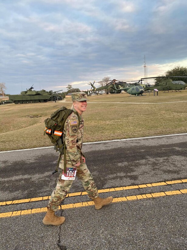 U.S. Army Engineer Research and Development Center Commander Col. Teresa Schlosser walks during the 18.6-mile Norwegian Foot March at Camp Shelby Joint Forces Training Center, near Hattiesburg, Miss., March 6, 2021. Schlosser and five additional ERDC Soldiers, including Lt. Col. Christian Patterson, Maj. Earl Dean, British Liaison Maj. Peter Mackintosh, Capt. Patrick Border and Capt. Jeremiah Paterson, completed the event. (U.S. Army Corps of Engineers photo)