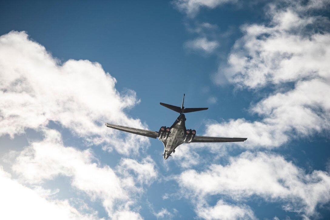 A B-1B Lancer assigned to the 9th Expeditionary Bomb Squadron takes off from Ørland Air Force Station, Norway, in support of a Bomber Task Force Europe training mission, Spring Spear, March 12, 2021. The B-1 integrated with ally fighter aircraft and conducted the first ever hot-pit refueling of a bomber in Europe at Powidz Air Base, Poland.