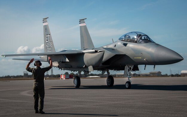 The F-15EX, the Air Force’s newest fighter aircraft, arrives to Eglin Air Force Base, Fla., March 11, 2021. The aircraft will be the first Air Force aircraft to be tested and fielded from beginning to end through combined developmental and operational tests.  The 40th Flight Test Squadron and the 85th Test and Evaluation Squadron personnel are responsible for testing the aircraft.  (U.S. Air Force photo/Samuel King Jr.)