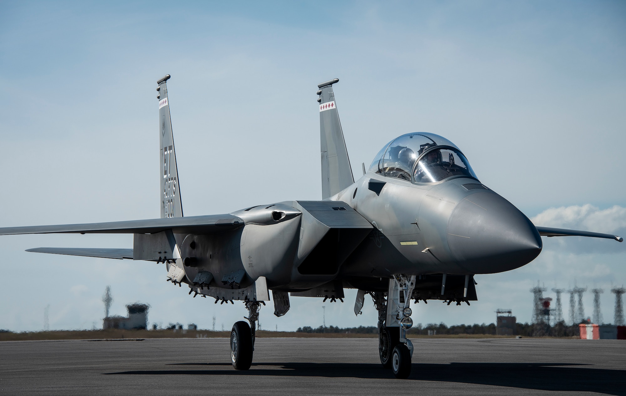 The F-15EX, the Air Force’s newest fighter aircraft, arrives at Eglin Air Force Base, Fla., March 11, 2021. The aircraft will be the first Air Force aircraft to be tested and fielded from beginning to end through combined developmental and operational tests. The 40th Flight Test Squadron and the 85th Test and Evaluation Squadron personnel are responsible for testing the aircraft. (U.S. Air Force photo by Ilka Cole)
